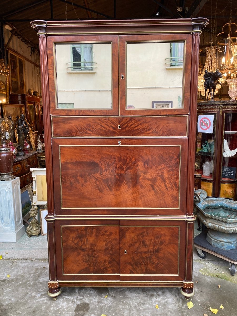 Louis XVI Guillotine Secretaire, 18th Century, In Flamed Mahogany And Brass Rods-photo-2