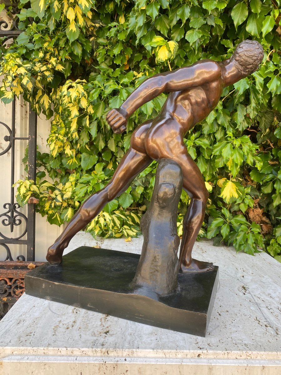 Gladiateur Borghèse, Bel Homme Nu Académique En Régule, patine bronze, D’après Agasias D’ephès, Fin XIXème-photo-1