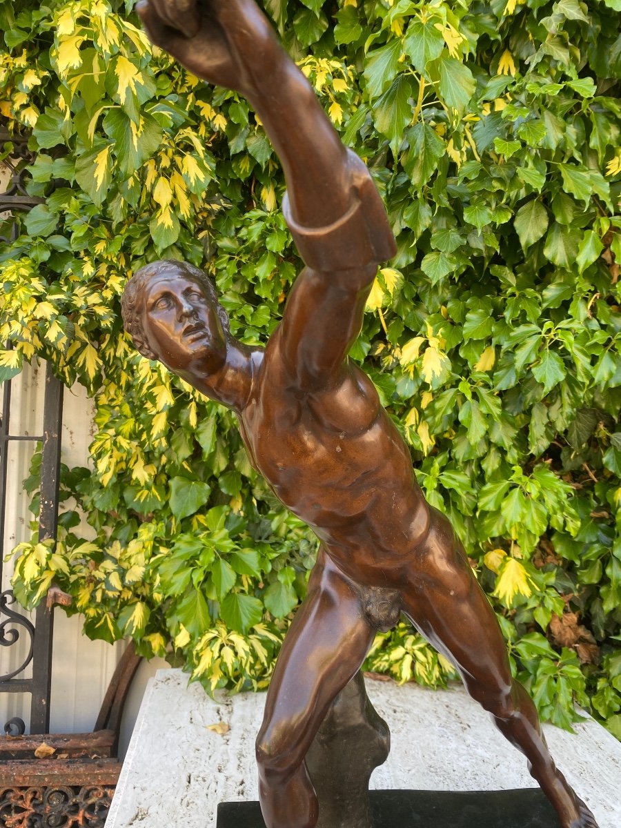 Gladiateur Borghèse, Bel Homme Nu Académique En Régule, patine bronze, D’après Agasias D’ephès, Fin XIXème-photo-4