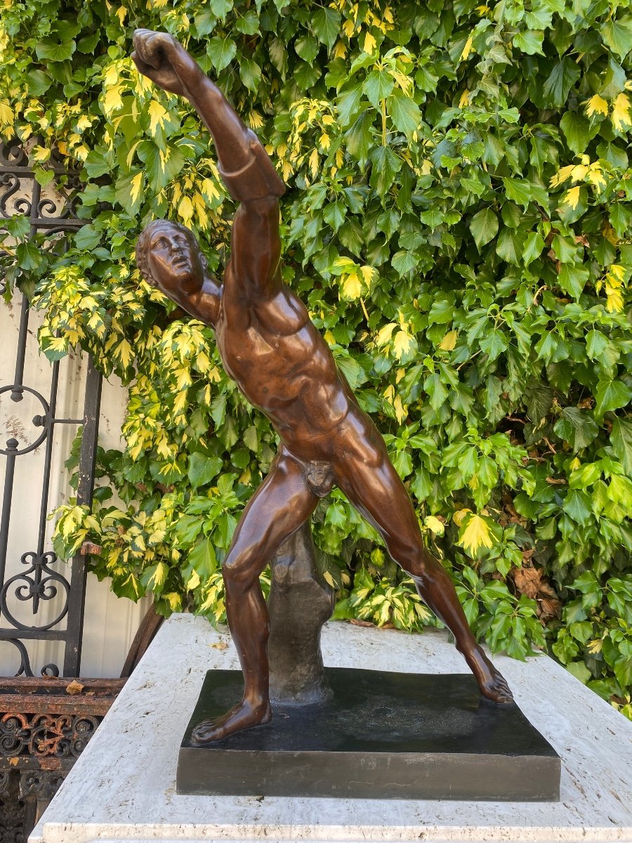 Gladiateur Borghèse, Bel Homme Nu Académique En Régule, patine bronze, D’après Agasias D’ephès, Fin XIXème-photo-6
