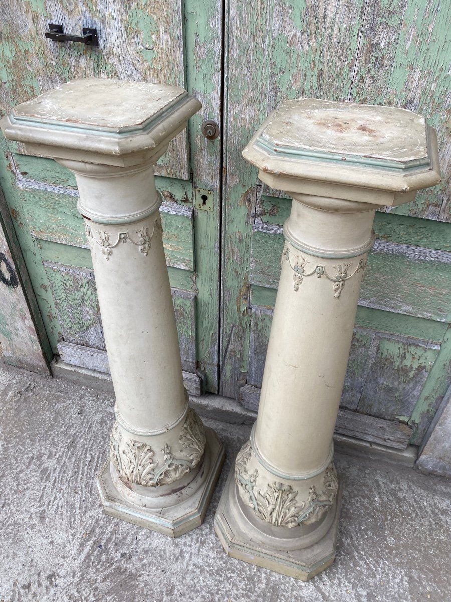 Paire De Colonnes En Bois Laqué Et Sculpté XIXème-photo-1