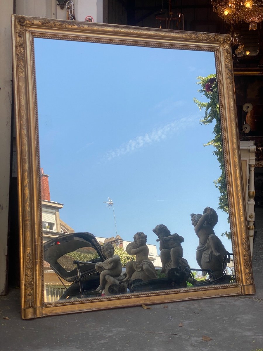 Miroir De Cheminée XIXème En Bois Et Stuc Doré, Glace Au Mercure 