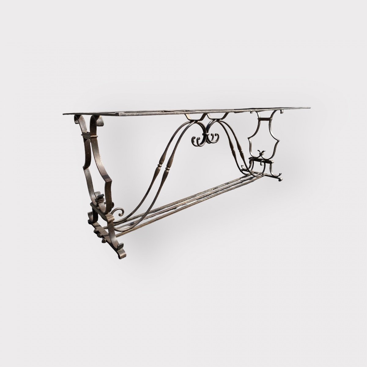 Dining Room Table / Console Wrought Iron Base, Marble Top Circa 1930-photo-2