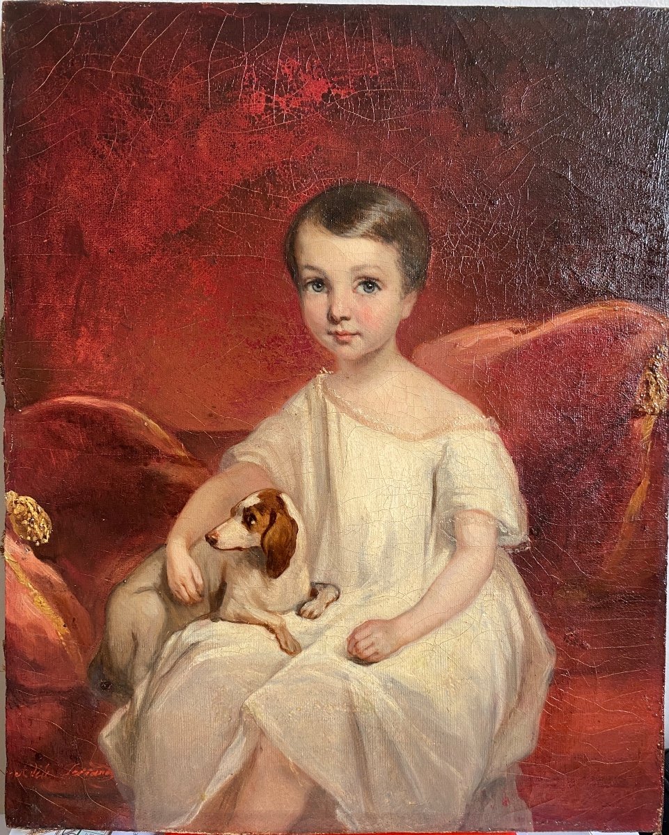 Portrait D’une Jeune Fille Au Chien , Huile Sur Toile XIXème Signée 