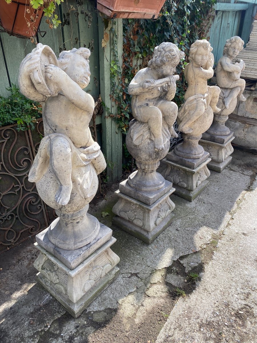 4 Statues De Jardin / Anges Musiciens En Pierre Reconstituée -photo-3