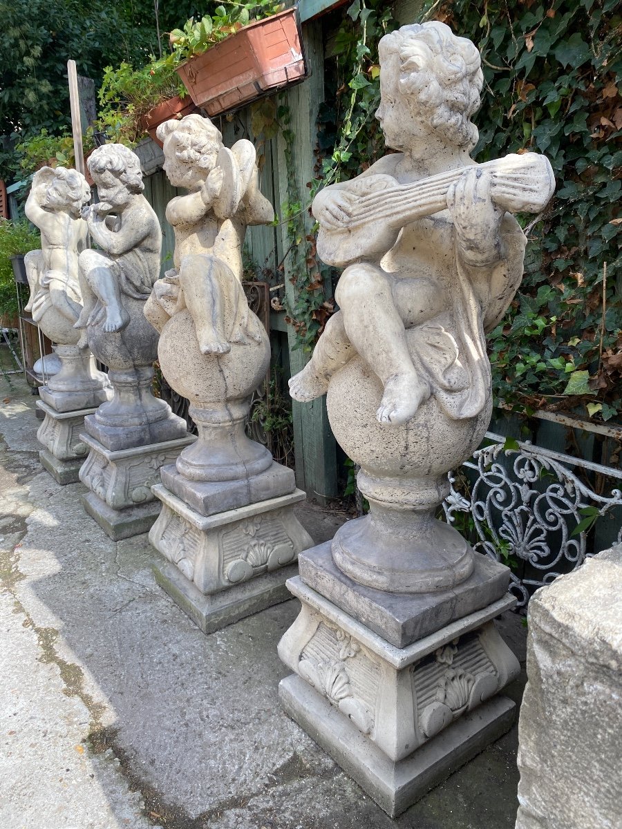 4 Statues De Jardin / Anges Musiciens En Pierre Reconstituée -photo-4
