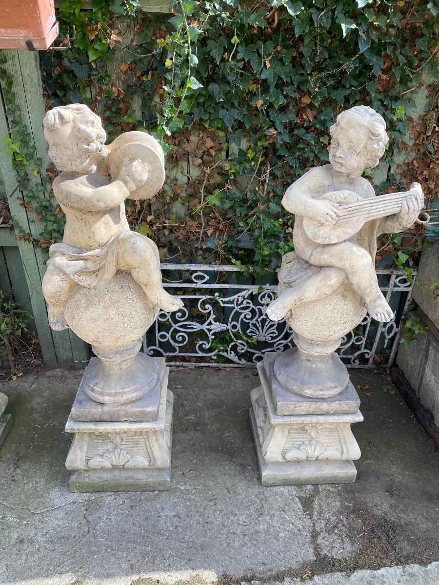 4 Statues De Jardin / Anges Musiciens En Pierre Reconstituée -photo-2