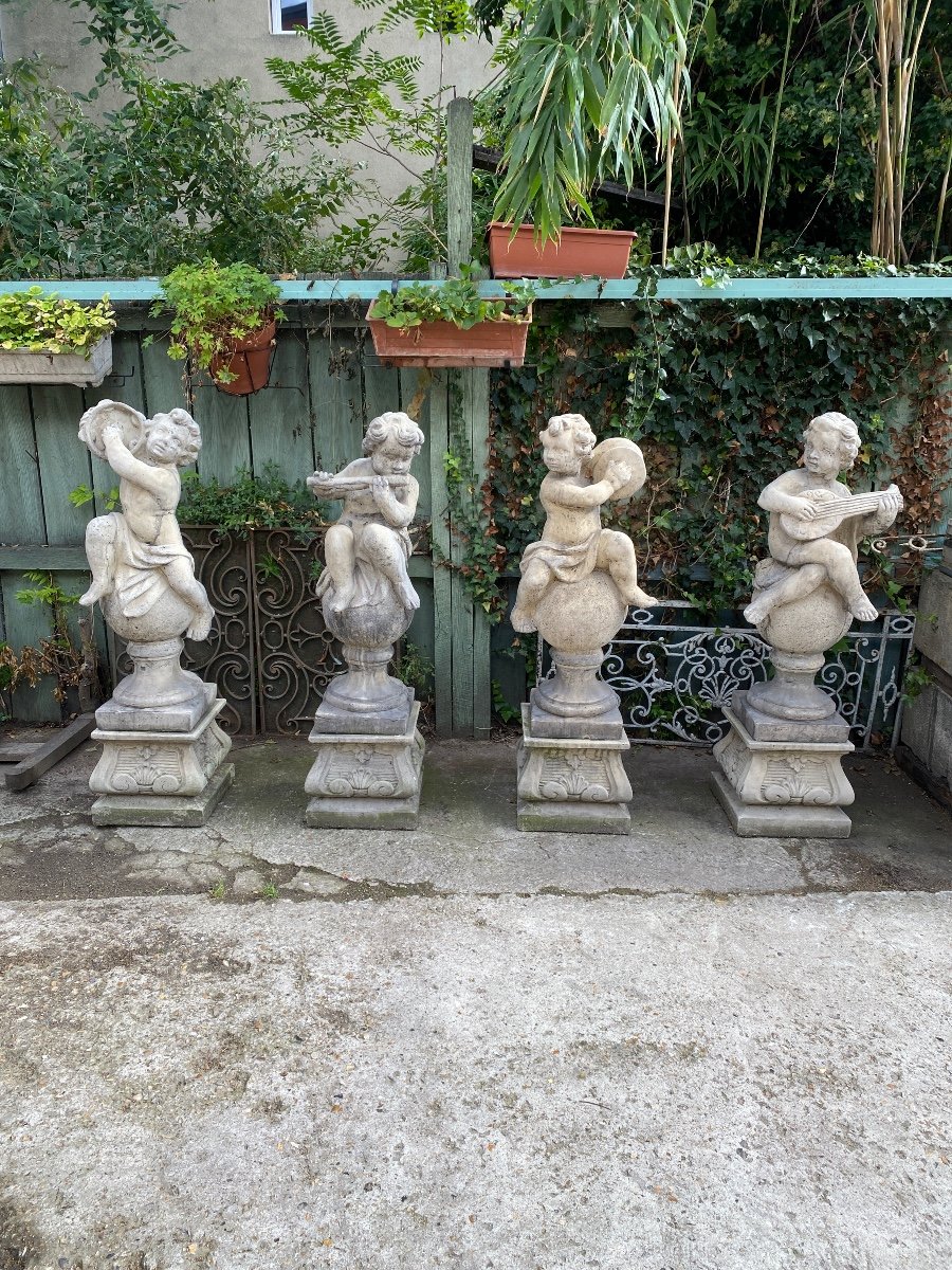 4 Statues De Jardin / Anges Musiciens En Pierre Reconstituée -photo-3