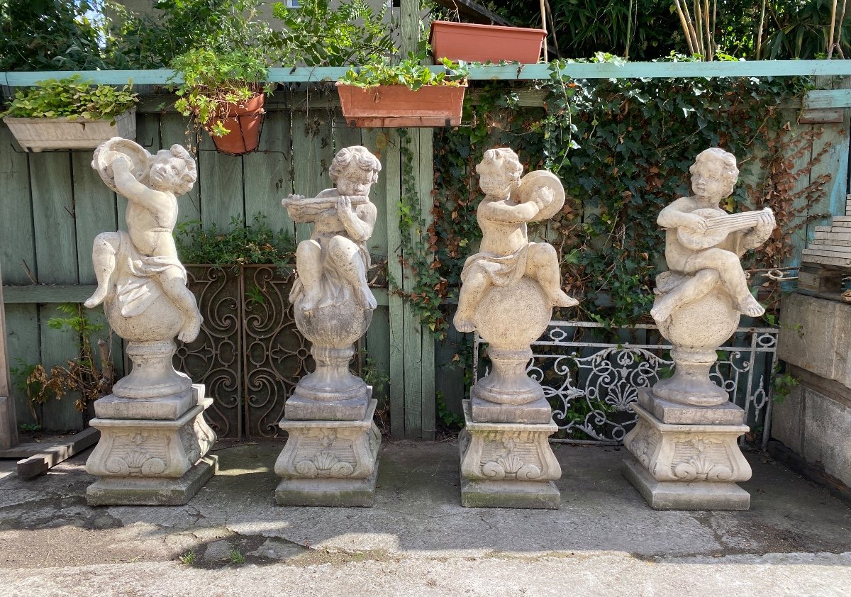 4 Statues De Jardin / Anges Musiciens En Pierre Reconstituée 