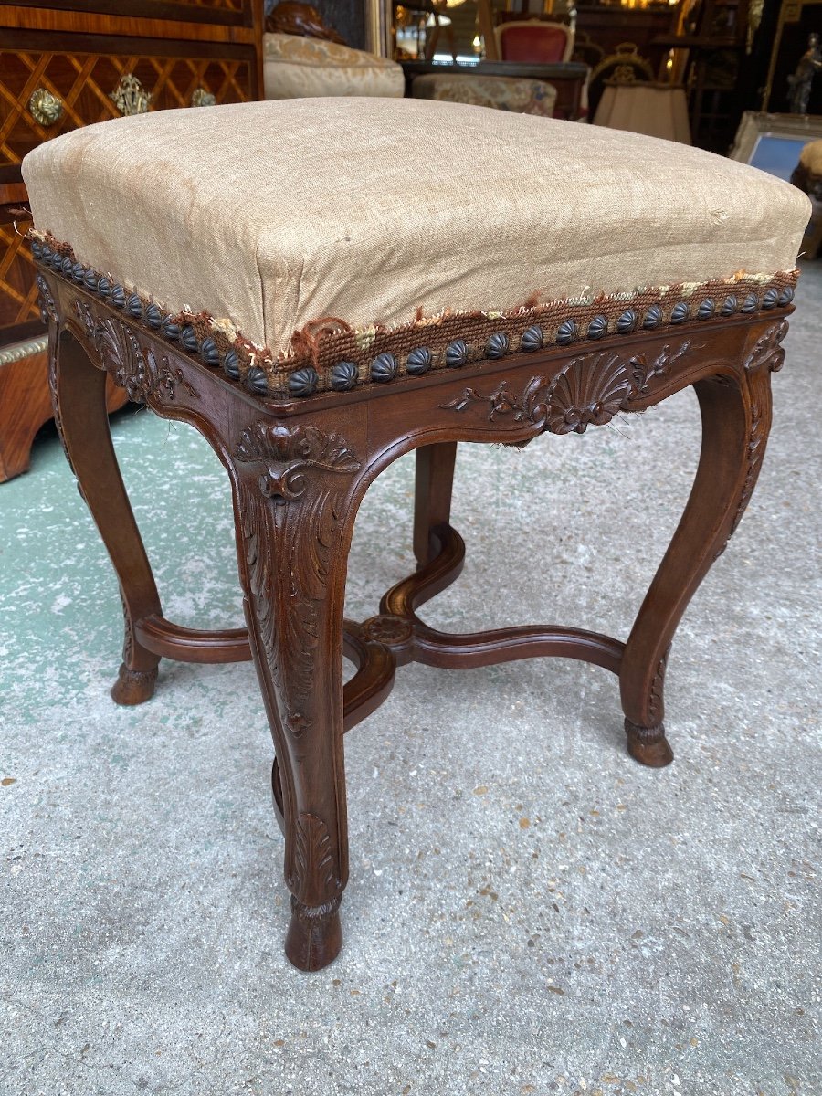Tabouret De Style Louis XV / Régence En Noyer Sculpté XIXème-photo-4