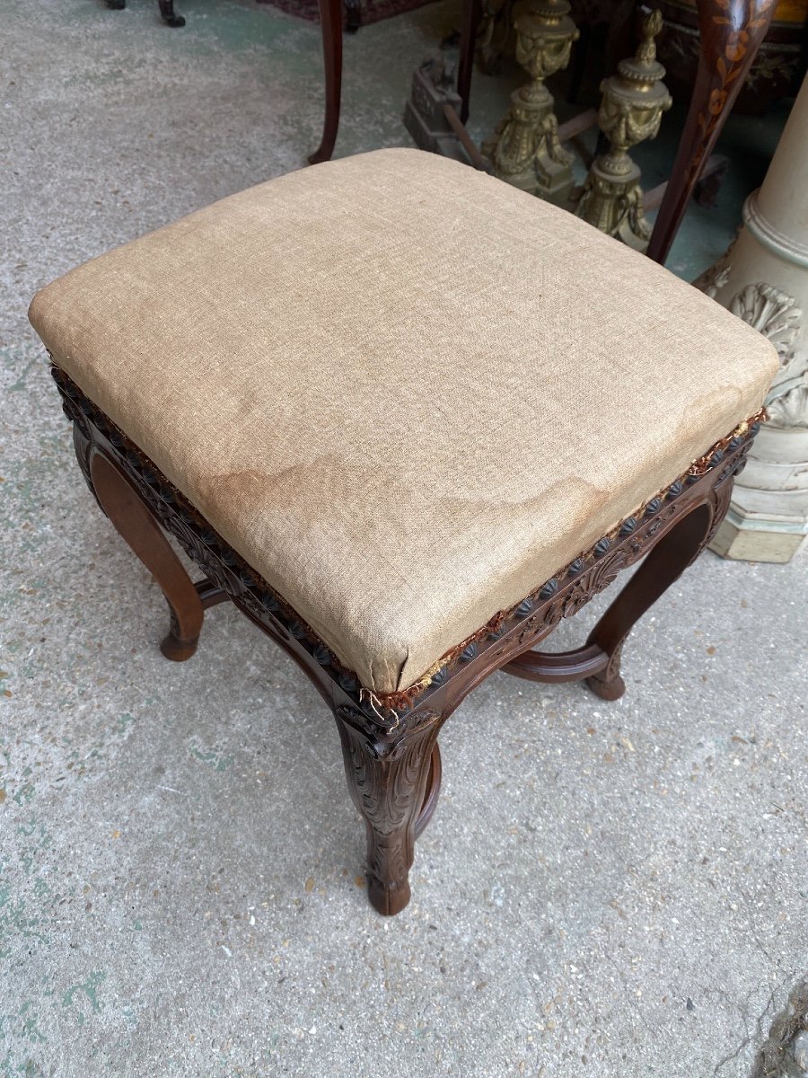 Tabouret De Style Louis XV / Régence En Noyer Sculpté XIXème-photo-2