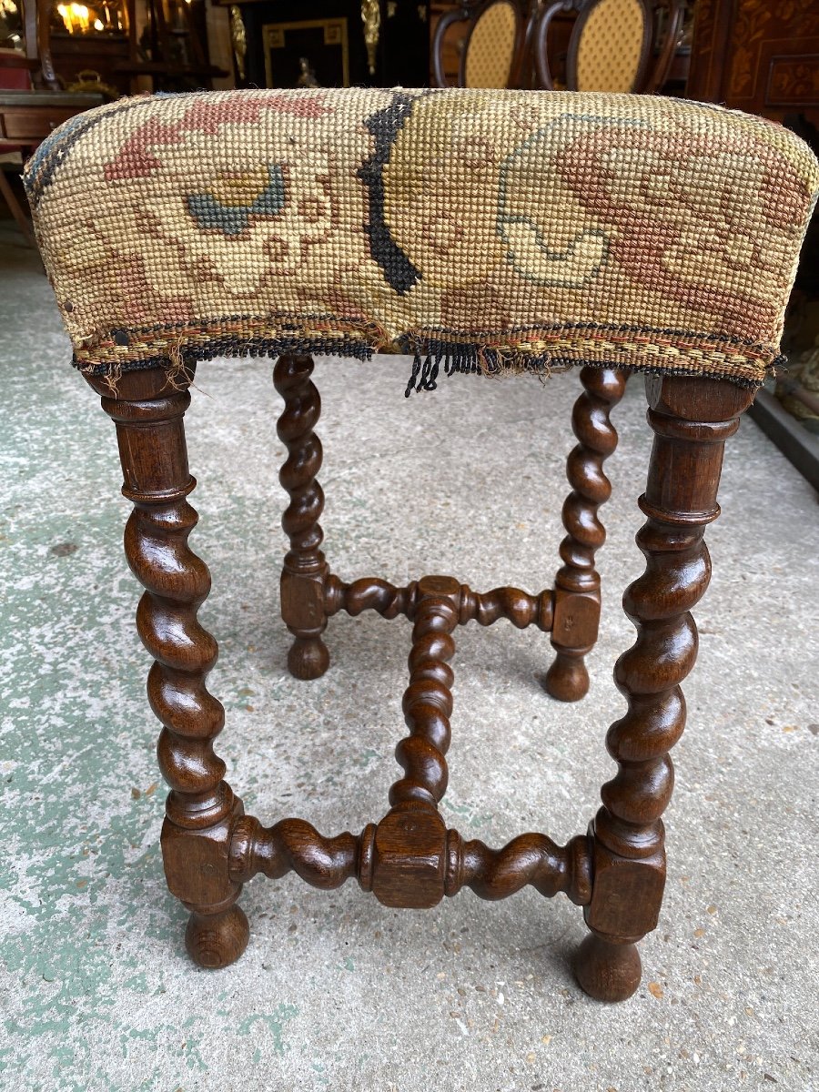 Louis XIII Style Stool, In Twisted Oak, 19th Century-photo-2