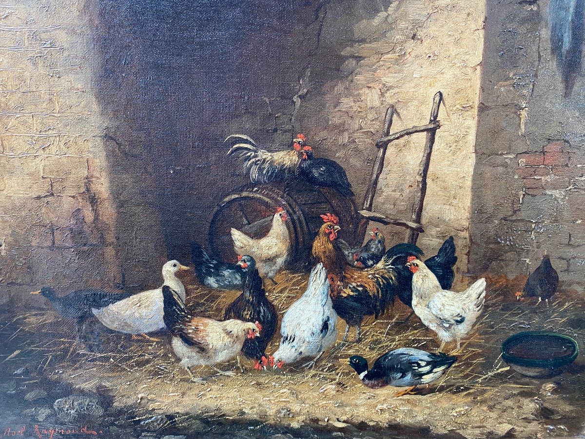 Scène De Basse-cour, Poules , Signée Raymond Noël Esbrat (1809-1856).-photo-3