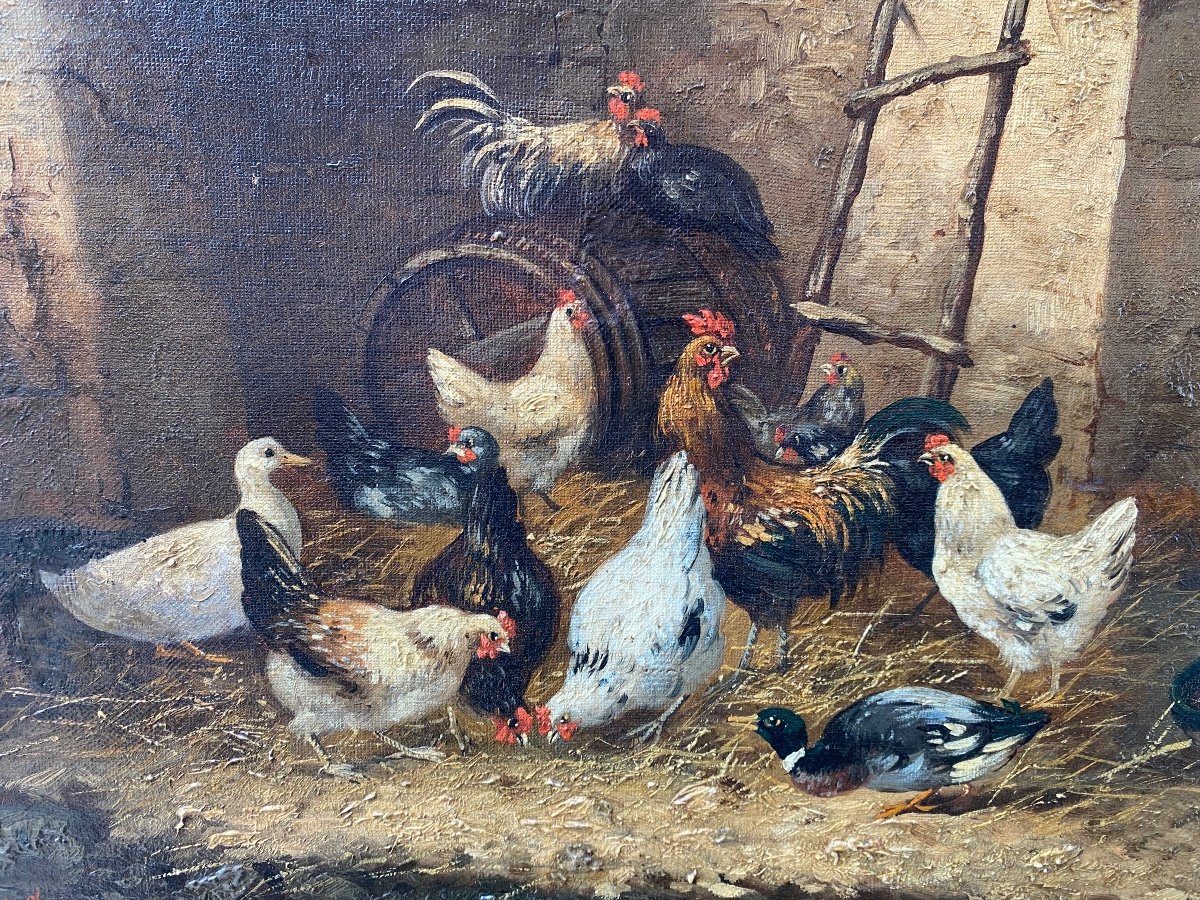 Scène De Basse-cour, Poules , Signée Raymond Noël Esbrat (1809-1856).-photo-4