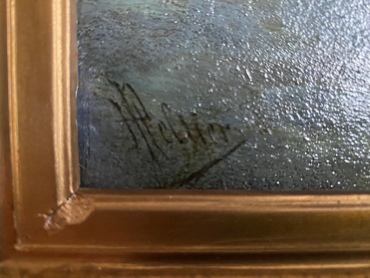 Beautiful Marine On 19th Century Mahogany Panel, Signed, Golden Frame, Sailboats,…-photo-3