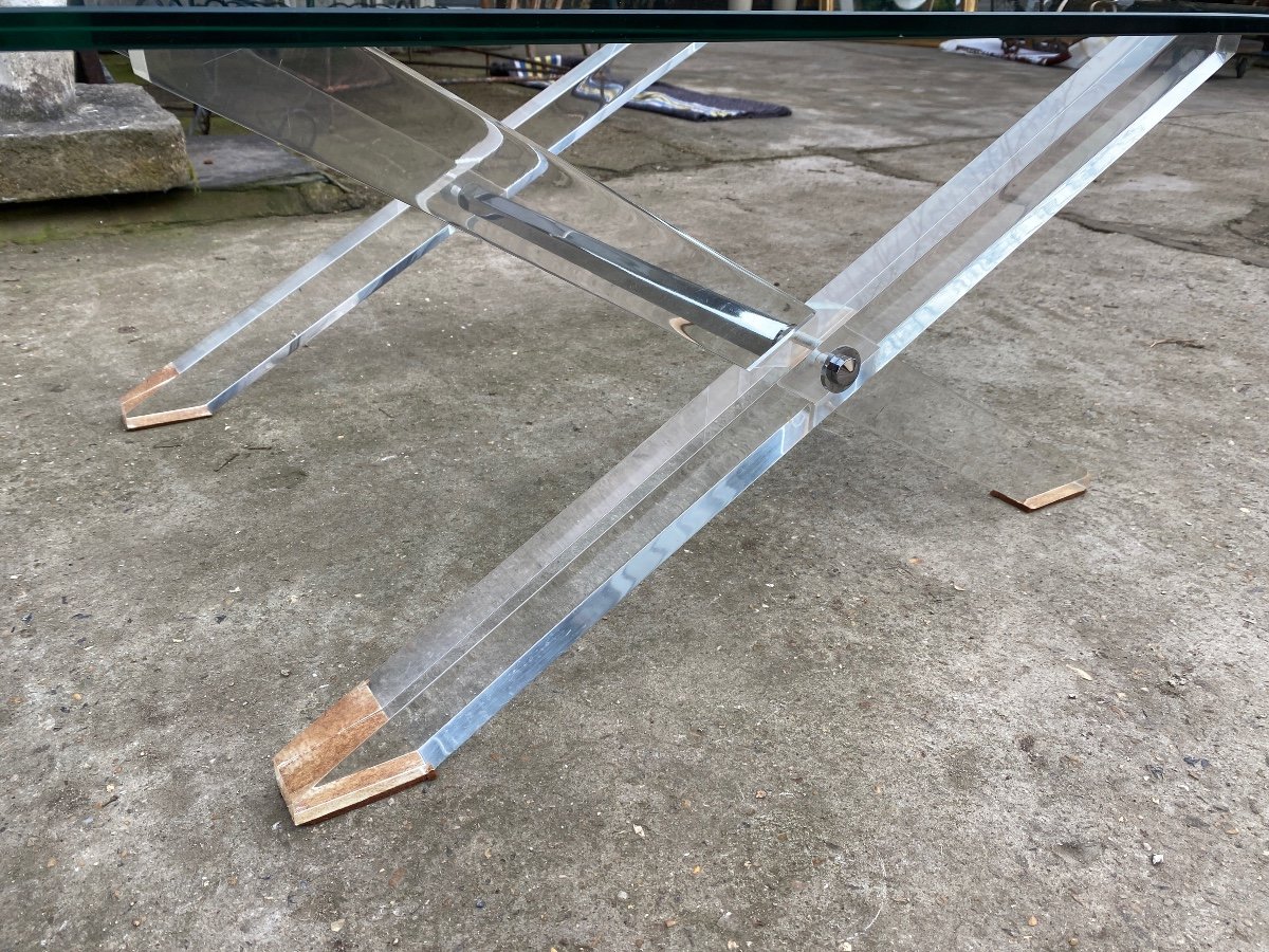 Table Basse Pied En X  Plexiglass Et Plateau Verre épais Vers 1980-photo-3