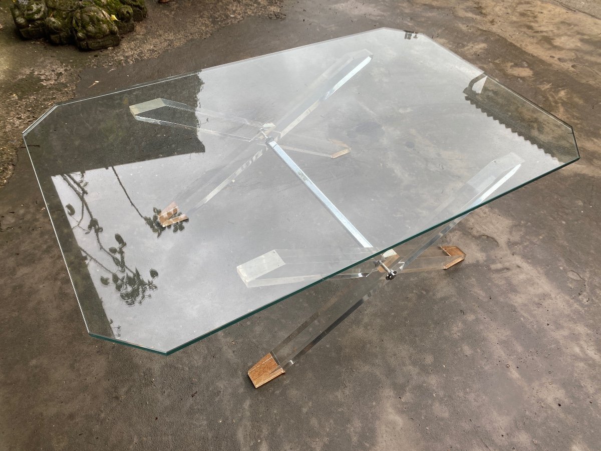 Table Basse Pied En X  Plexiglass Et Plateau Verre épais Vers 1980-photo-5