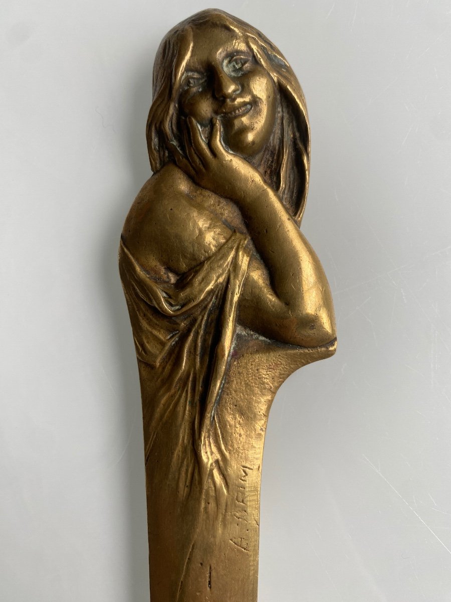 Art Nouveau Paper Cut In Gilt Bronze, Decorated With A Woman 