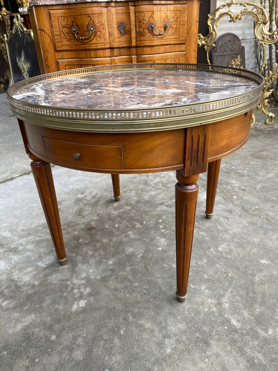 Table Basse Bouillotte De Style Louis XVI, Plateau Marbre De Couleur, Galerie Laiton -photo-2