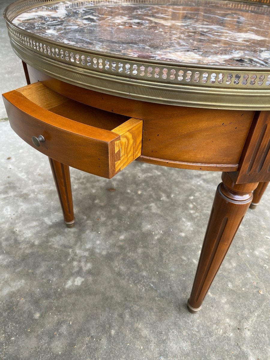 Table Basse Bouillotte De Style Louis XVI, Plateau Marbre De Couleur, Galerie Laiton -photo-3