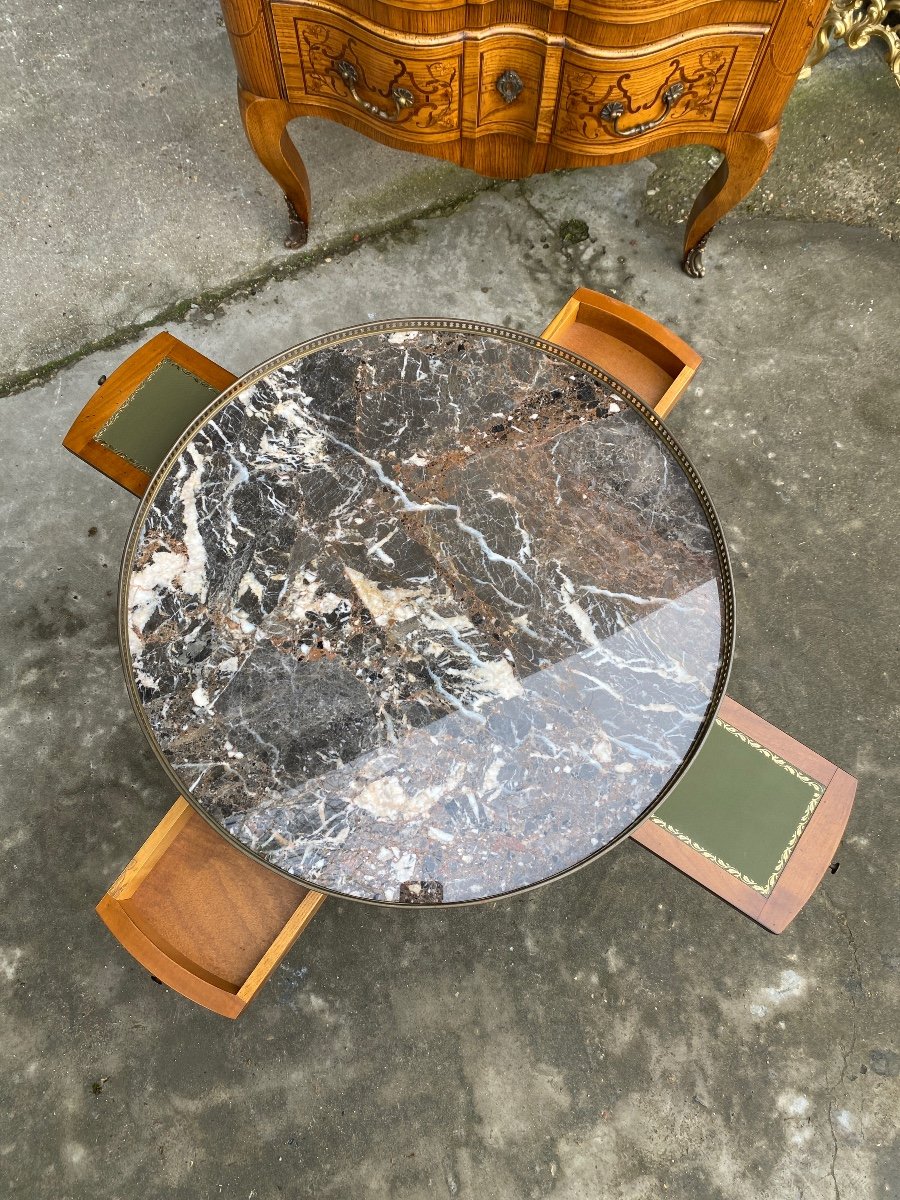 Louis XVI Style Hot Water Bottle Coffee Table, Colored Marble Top, Brass Gallery -photo-4