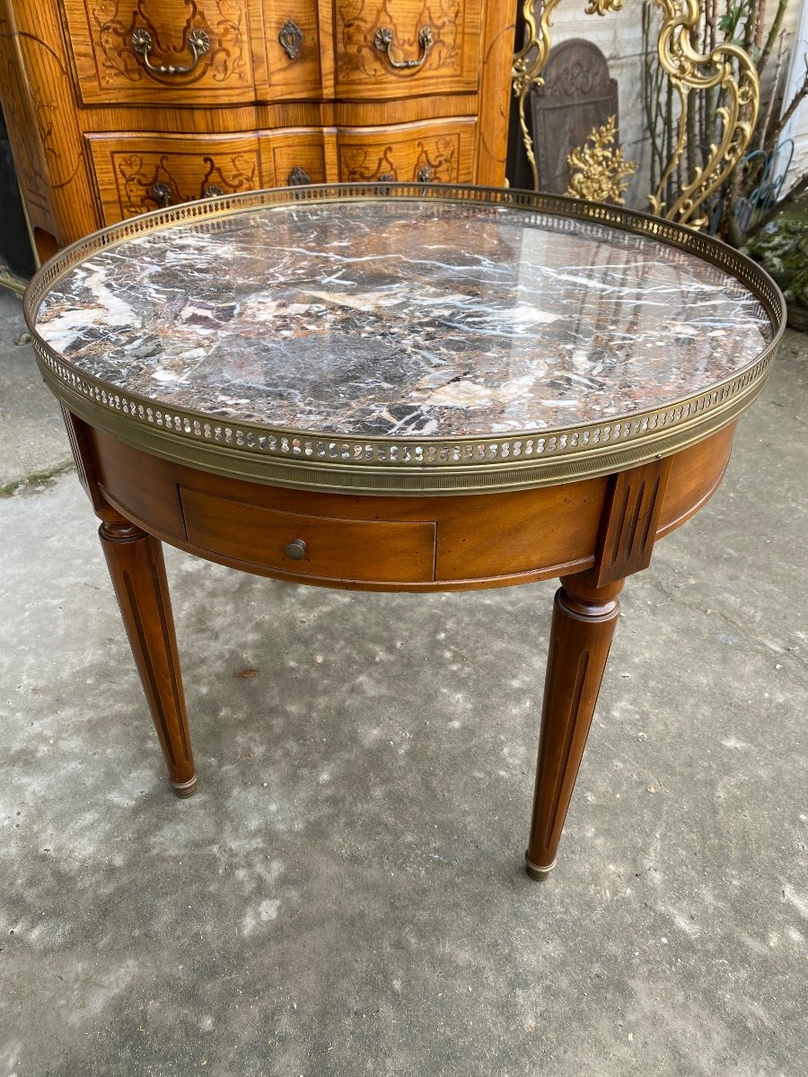 Table Basse Bouillotte De Style Louis XVI, Plateau Marbre De Couleur, Galerie Laiton -photo-1