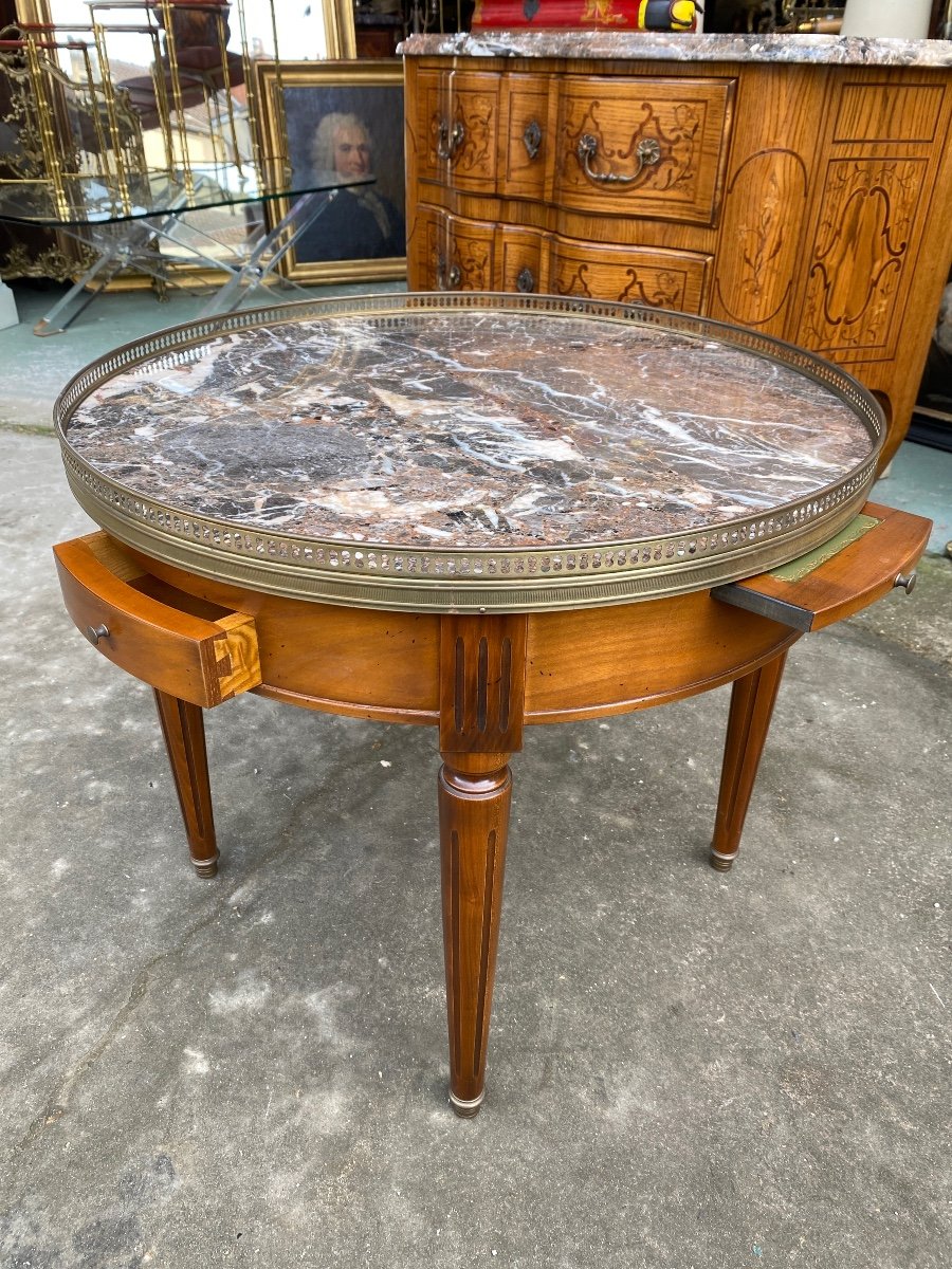 Table Basse Bouillotte De Style Louis XVI, Plateau Marbre De Couleur, Galerie Laiton -photo-3