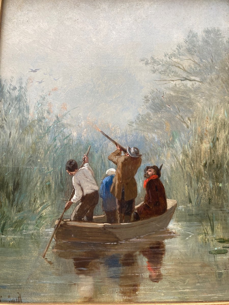 Oil On Wood 19th Century, Duck Hunting In The Marsh, Signed évariste-vital Luminais -photo-3