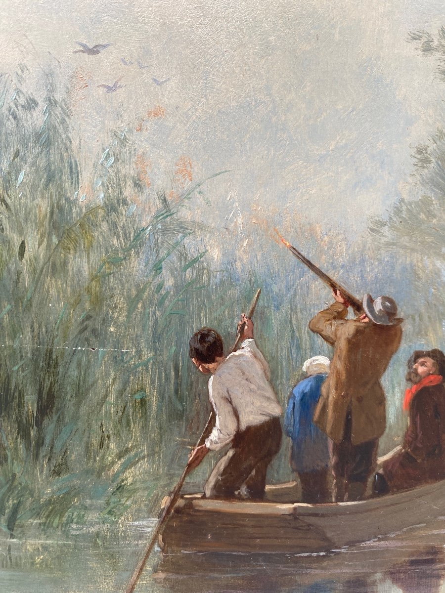 Oil On Wood 19th Century, Duck Hunting In The Marsh, Signed évariste-vital Luminais -photo-2