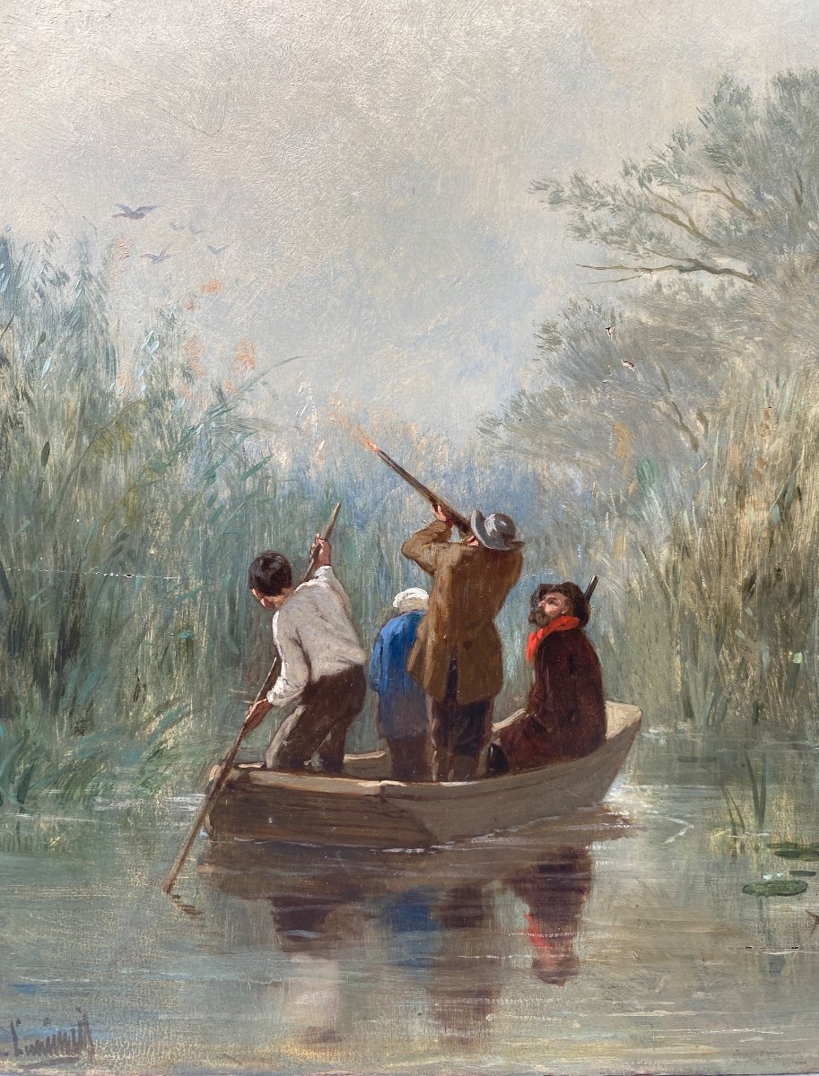 Oil On Wood 19th Century, Duck Hunting In The Marsh, Signed évariste-vital Luminais -photo-4