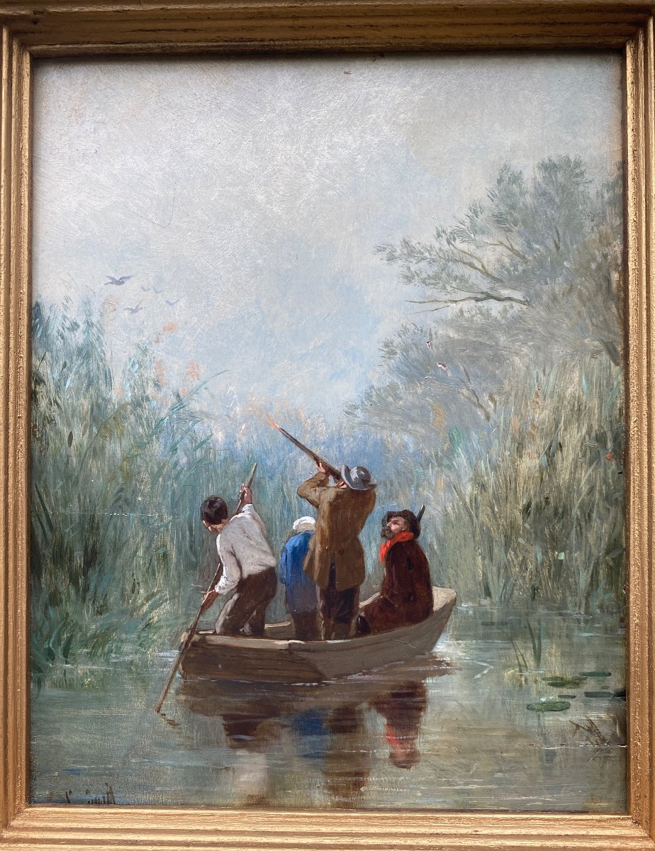 Oil On Wood 19th Century, Duck Hunting In The Marsh, Signed évariste-vital Luminais 