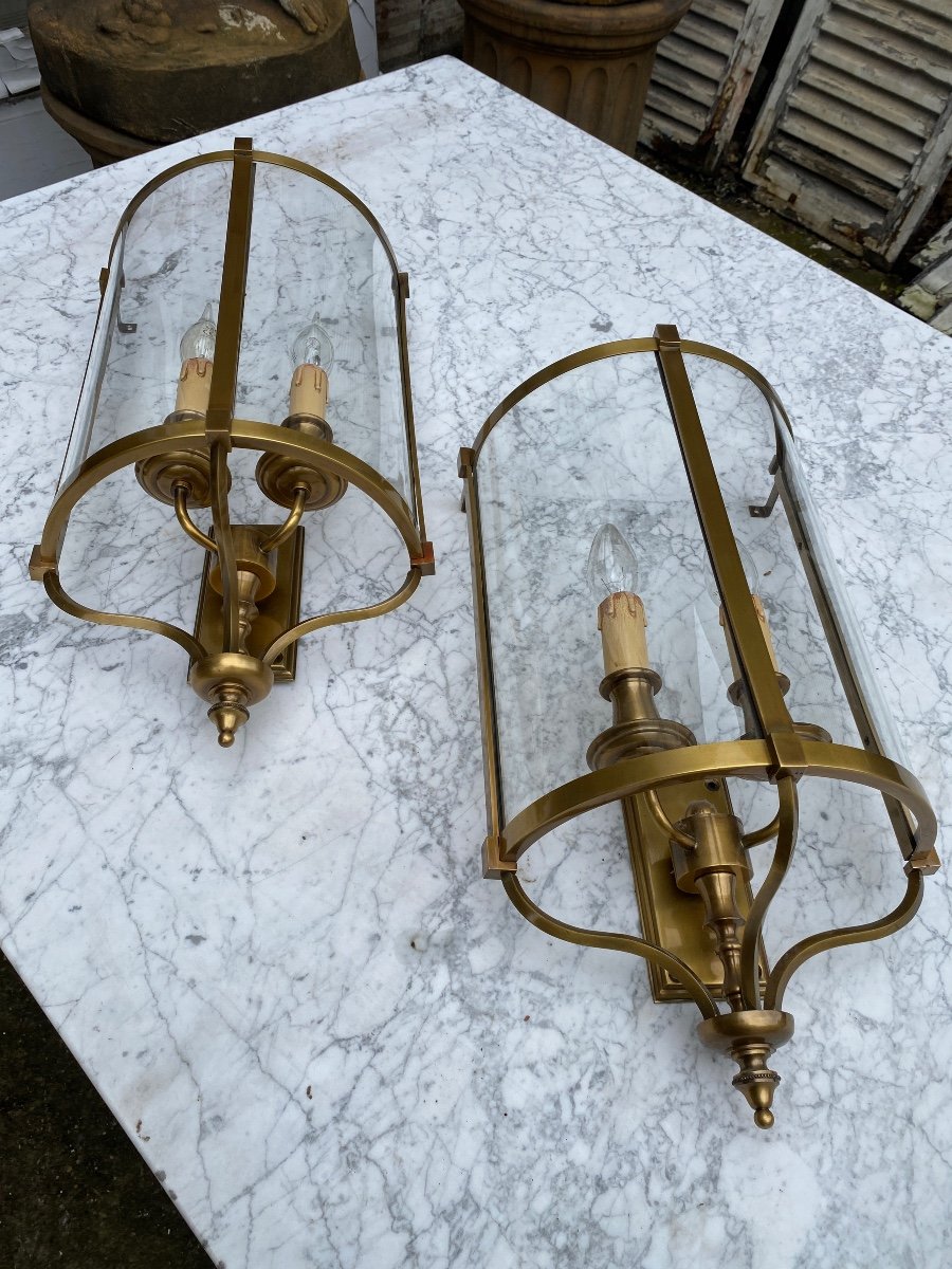 Large Pair Of Louis XVI Style Half-lantern Sconces In Brass -photo-4