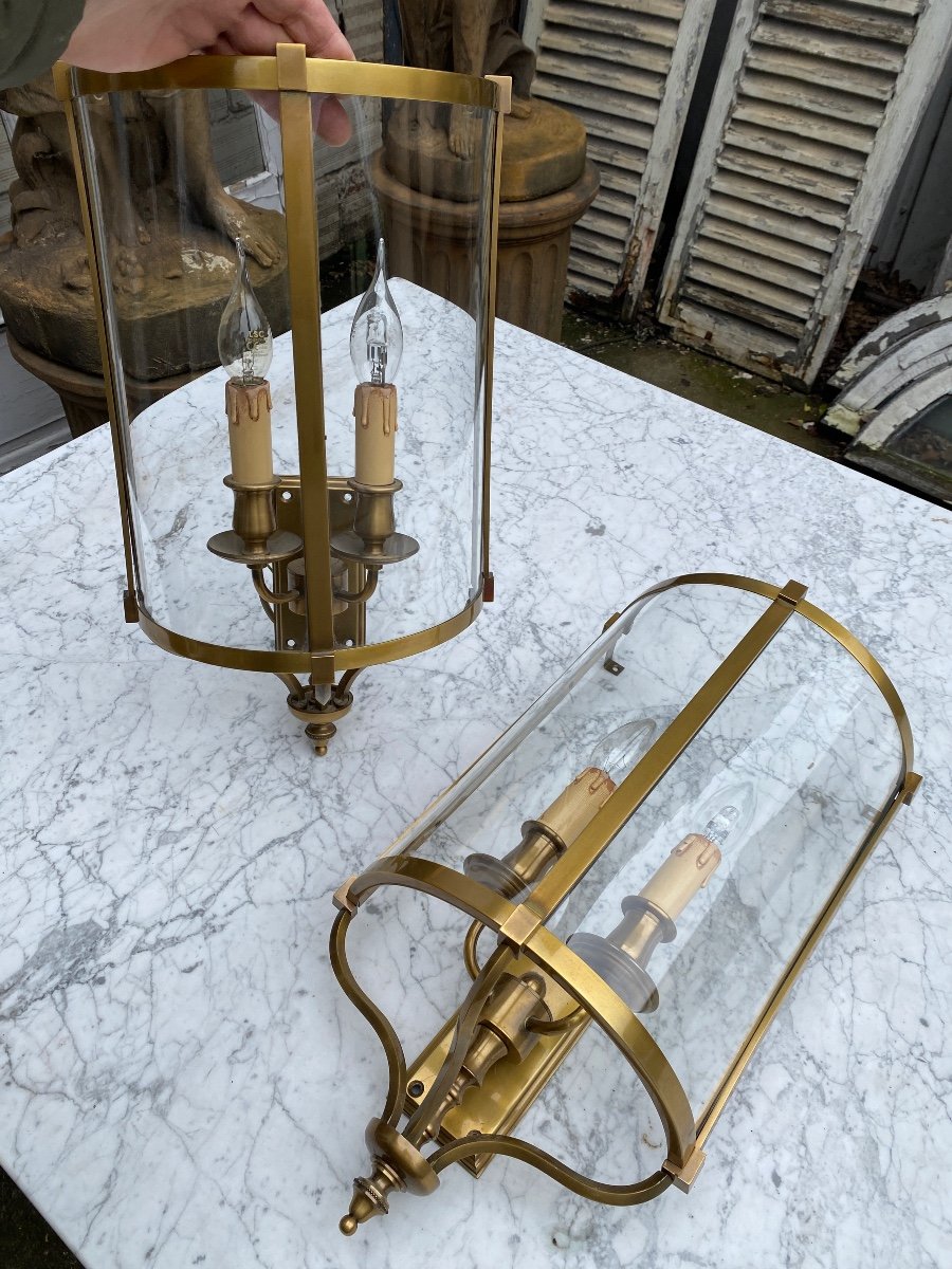 Large Pair Of Louis XVI Style Half-lantern Sconces In Brass -photo-1