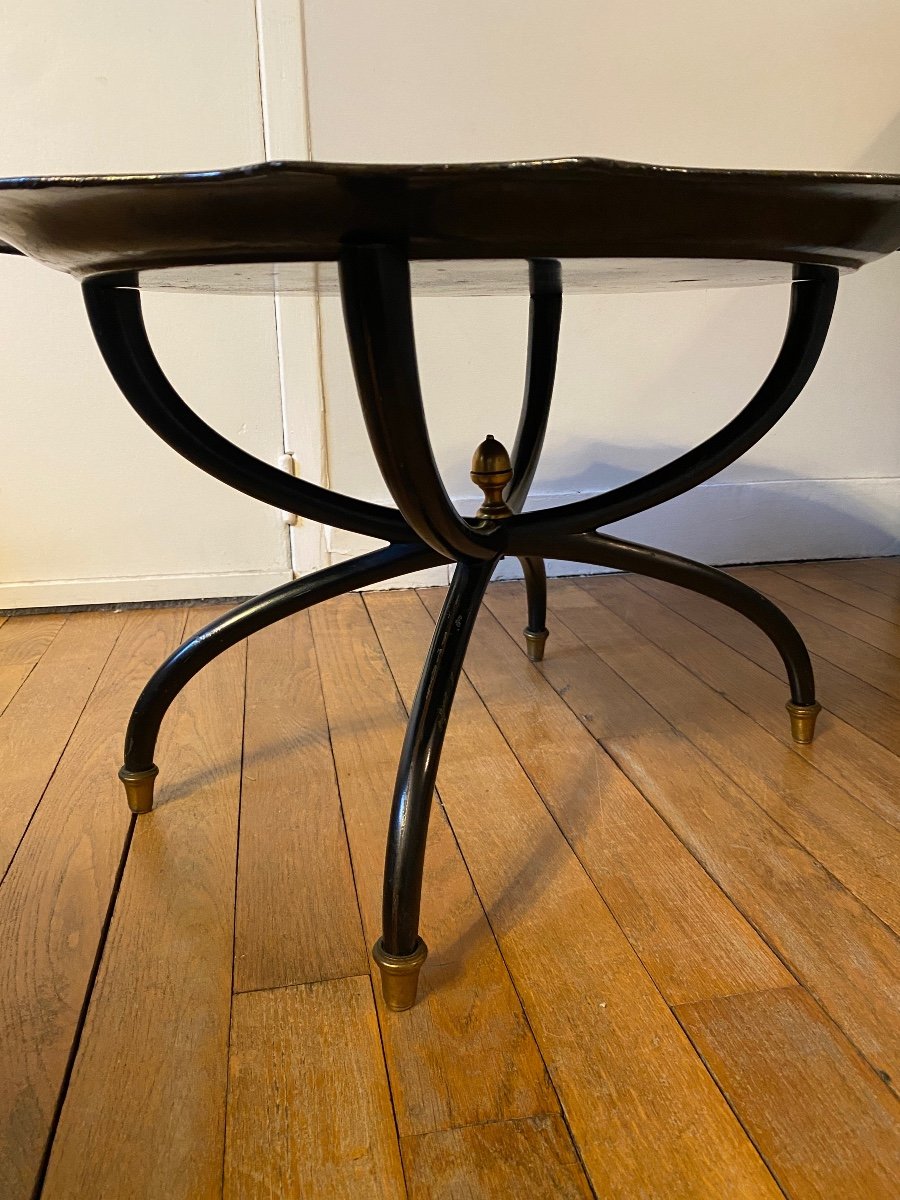 Jansen Coffee Table Circa 1960, Black Lacquered Wood Legs / Sheet Metal Top -photo-3