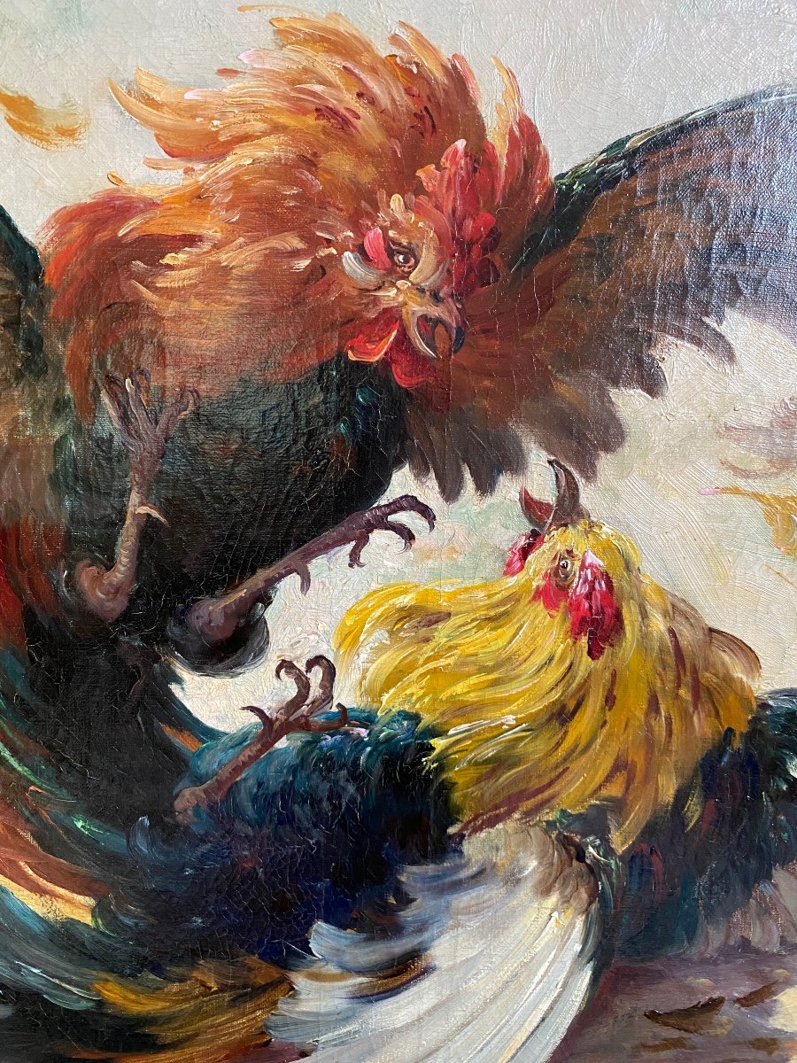 Large Painting Late 19th Century, Cockfight Signed Edmond Van Coppenolle (1843/46 - 1915)-photo-2