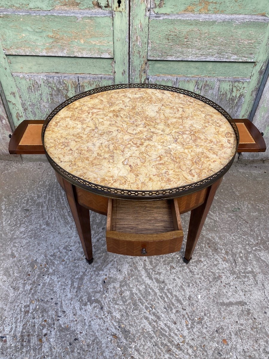 Table Bouillotte Basse De Style Louis XVI, En Marqueterie D’acajou Et Bois De Rose -photo-2