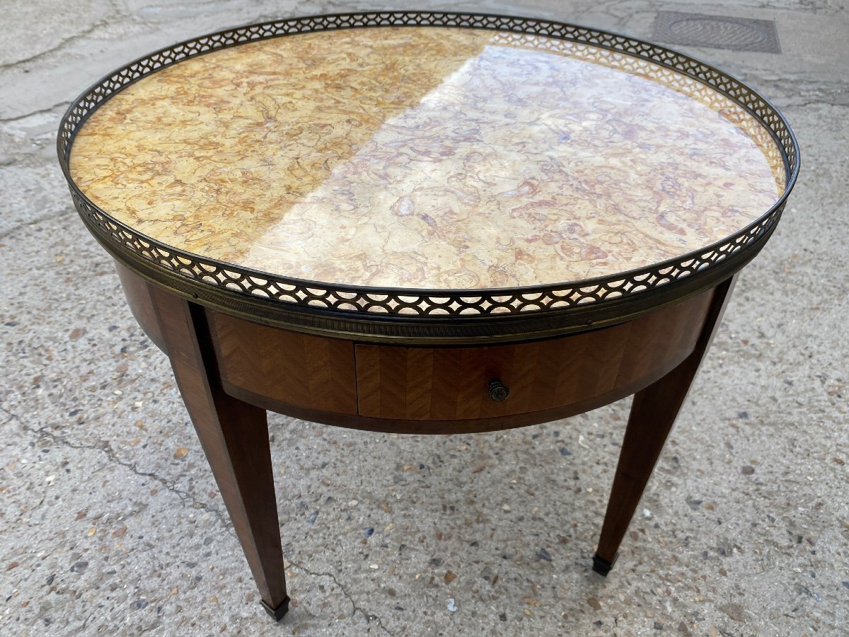 Table Bouillotte Basse De Style Louis XVI, En Marqueterie D’acajou Et Bois De Rose -photo-1