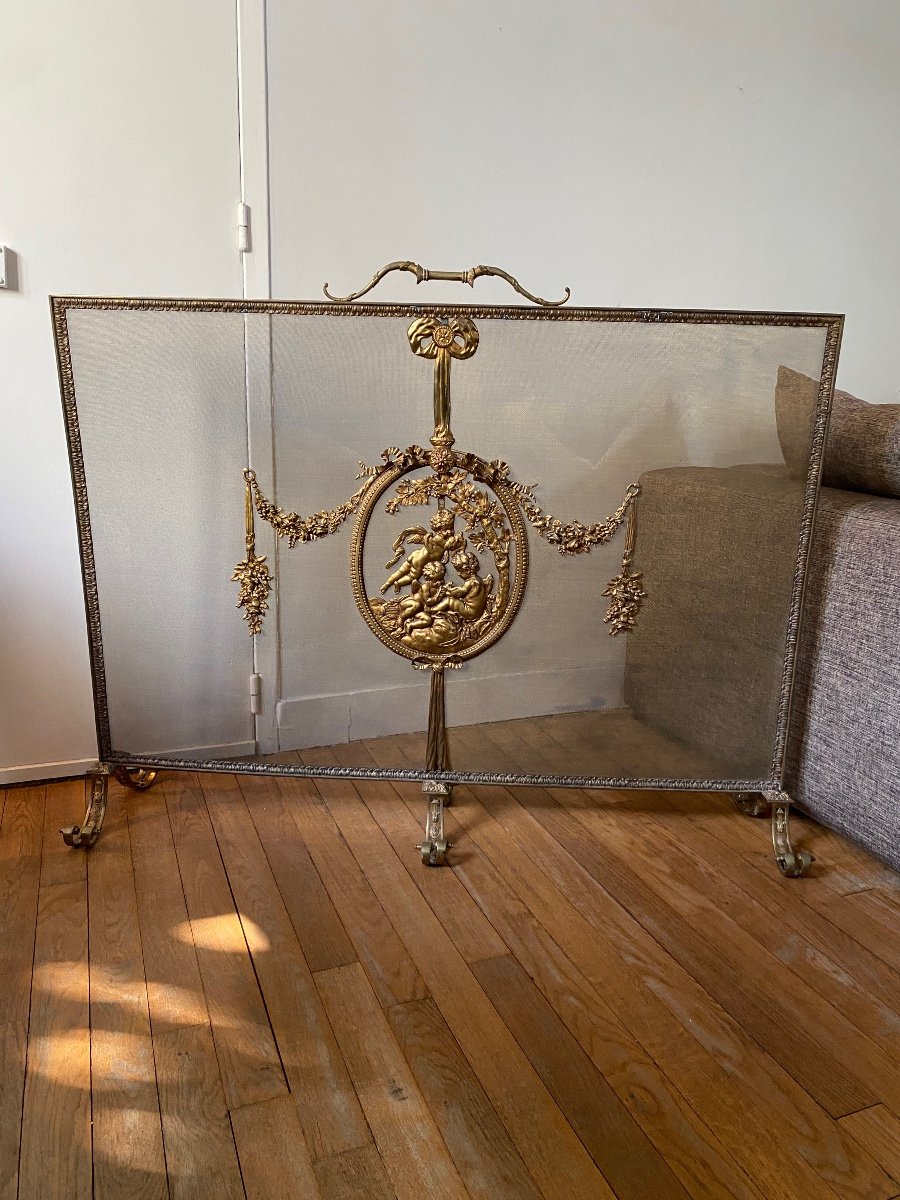 Important Louis XVI Style Bronze Fire Screen, 19th Century For Large Fireplace -photo-1