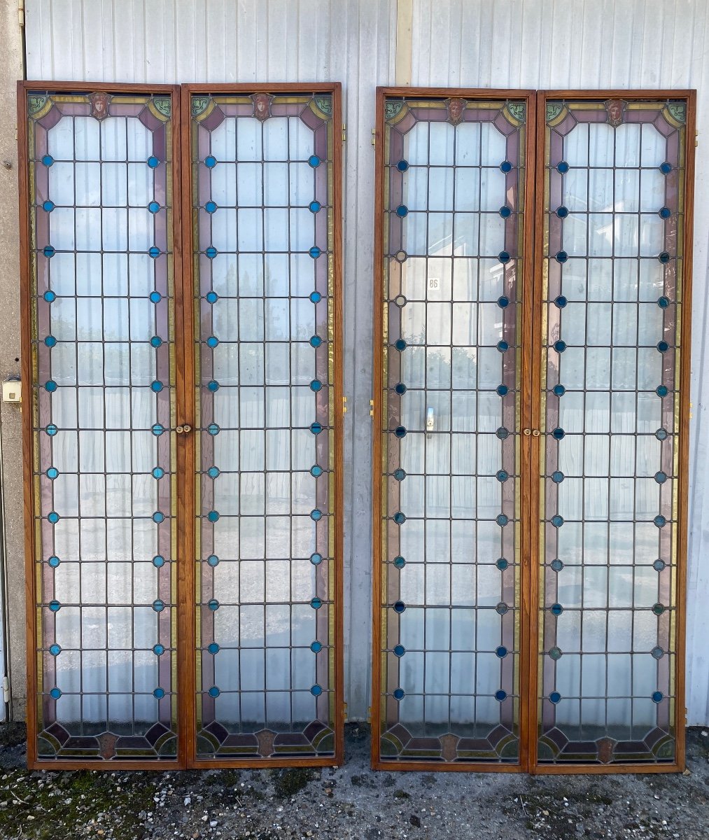 2 Pairs Of Stained Glass Windows From The 1900s
