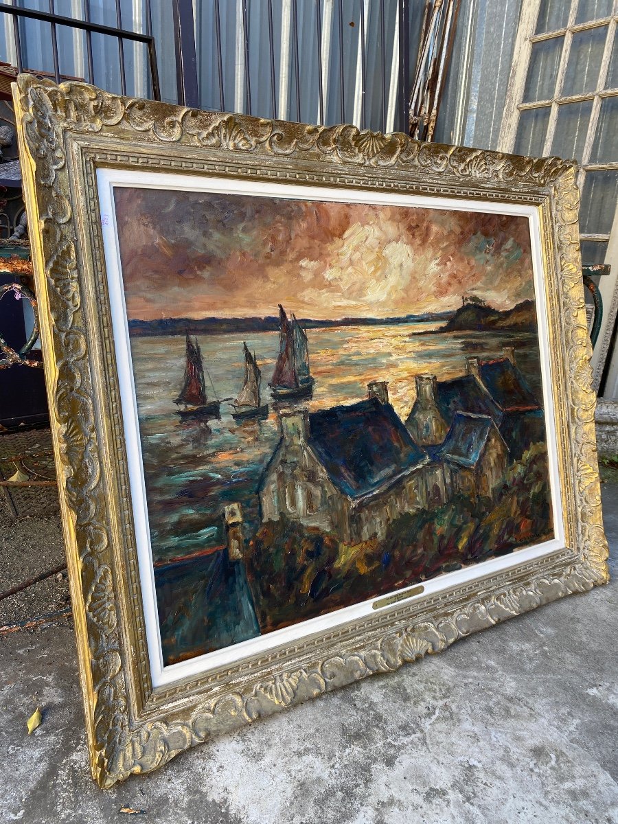 Old Breton Painting, View Of Paimpol In 1926 Signed-photo-2