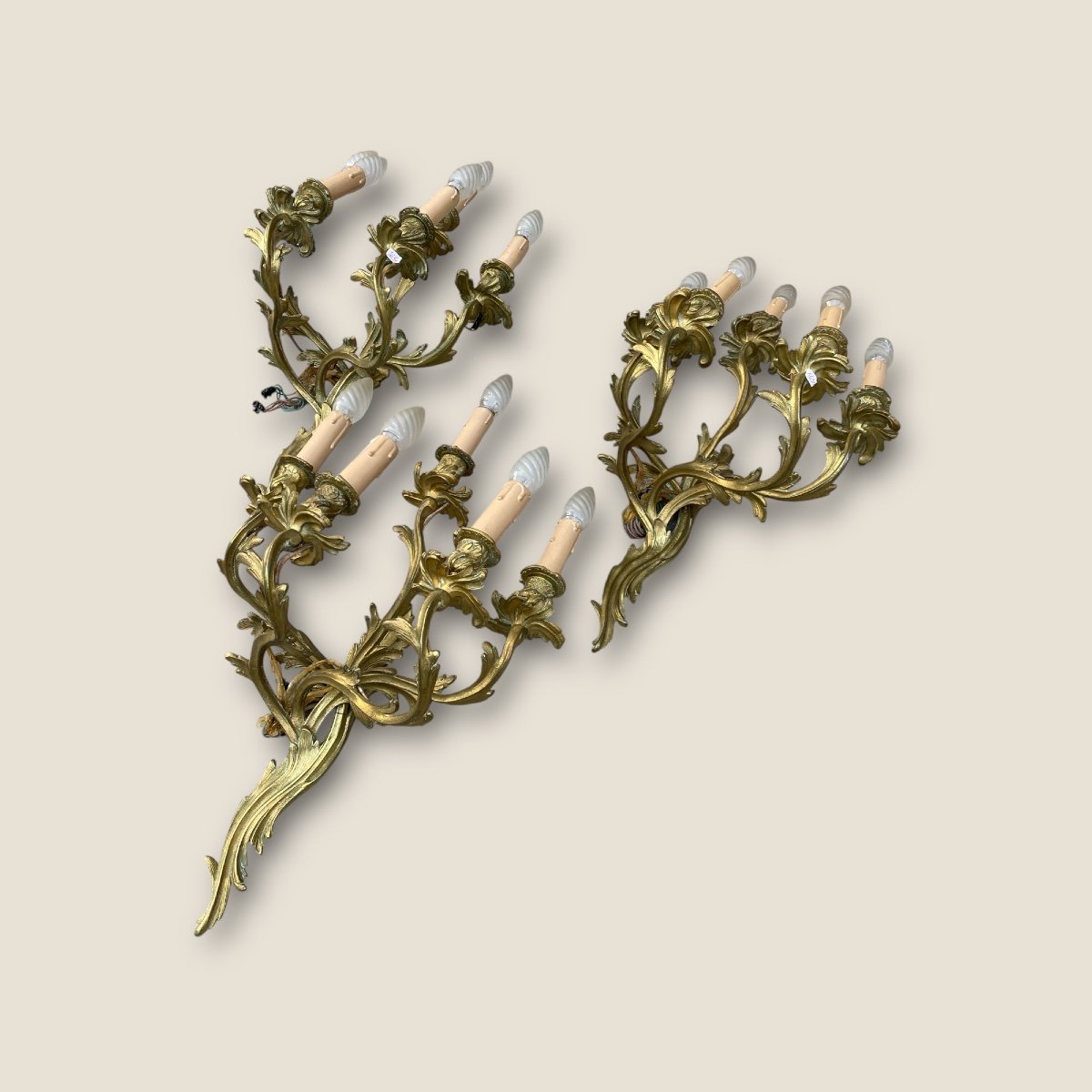 3 Grandes Appliques a 5 feux, En Bronze De Style Louis XV, Rocaille, époque XIXème -photo-3