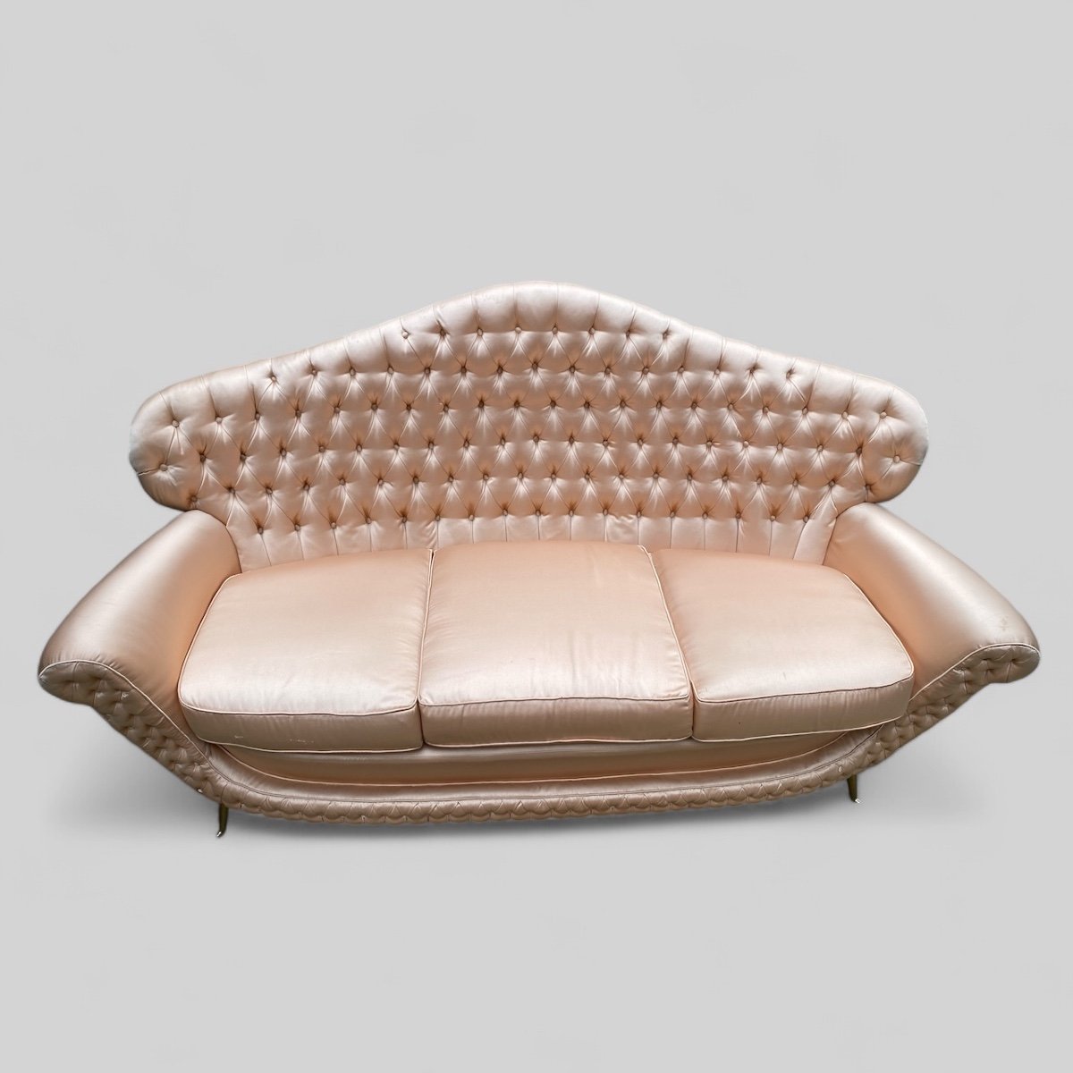 Canapé / Banquette Capitonnée En Tissu Rose, Design Italien 1950-photo-4
