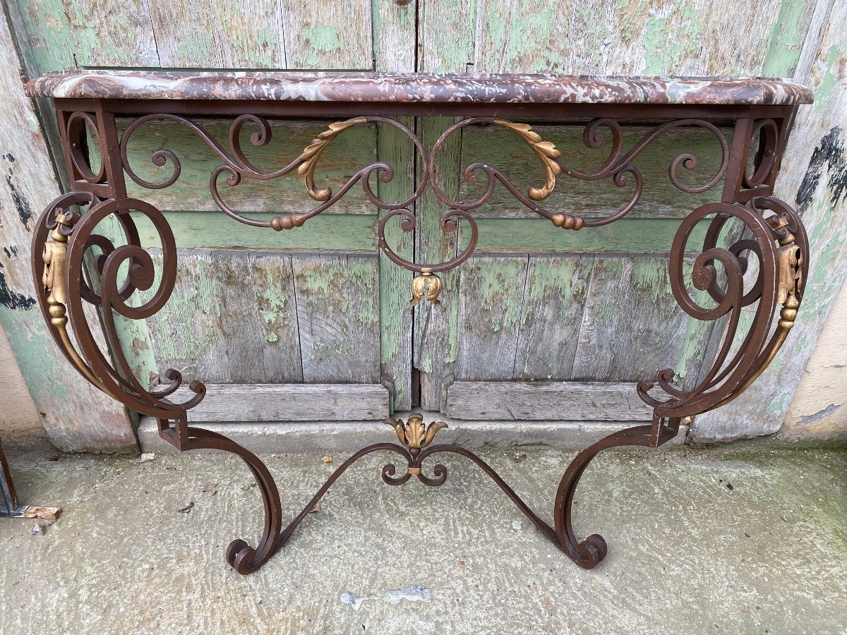 Console En Fer Forgé De Style Louis XV, Dessus Marbre -photo-2