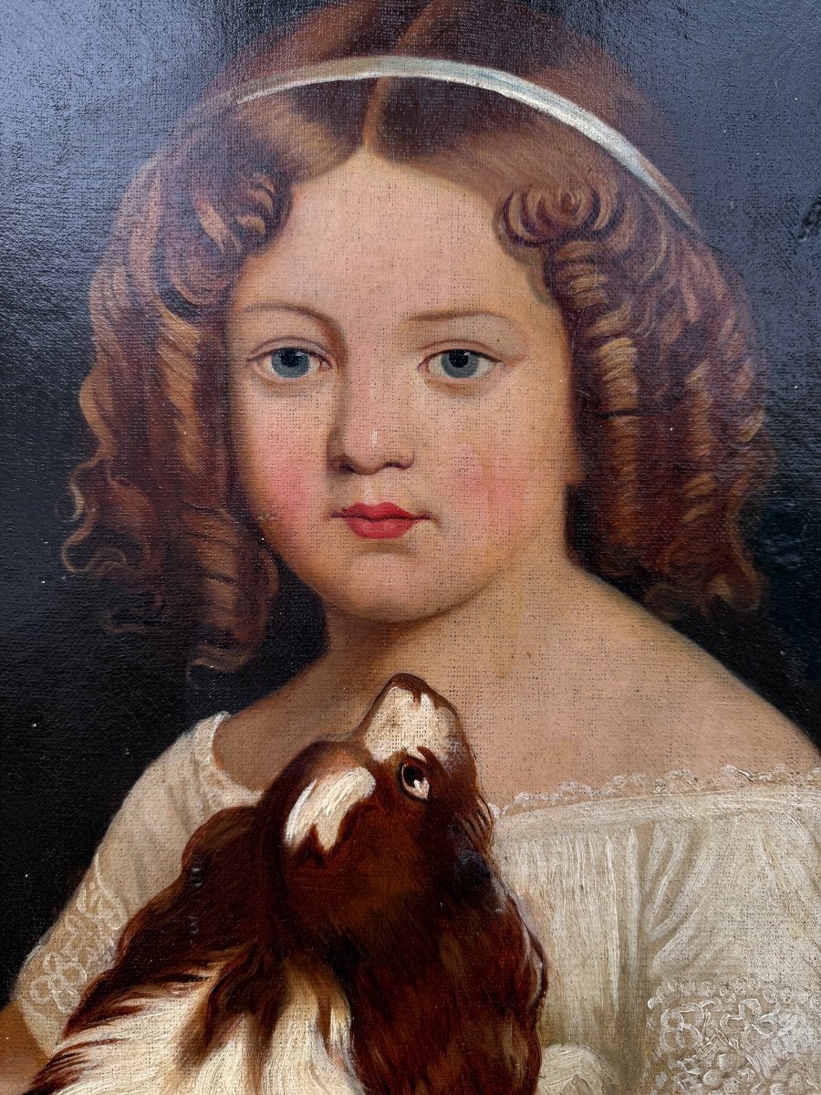 Portrait De Jeune Fille Au Cavalier King Charles , époque XIXème, signé, daté, Chien, Animaux…-photo-1