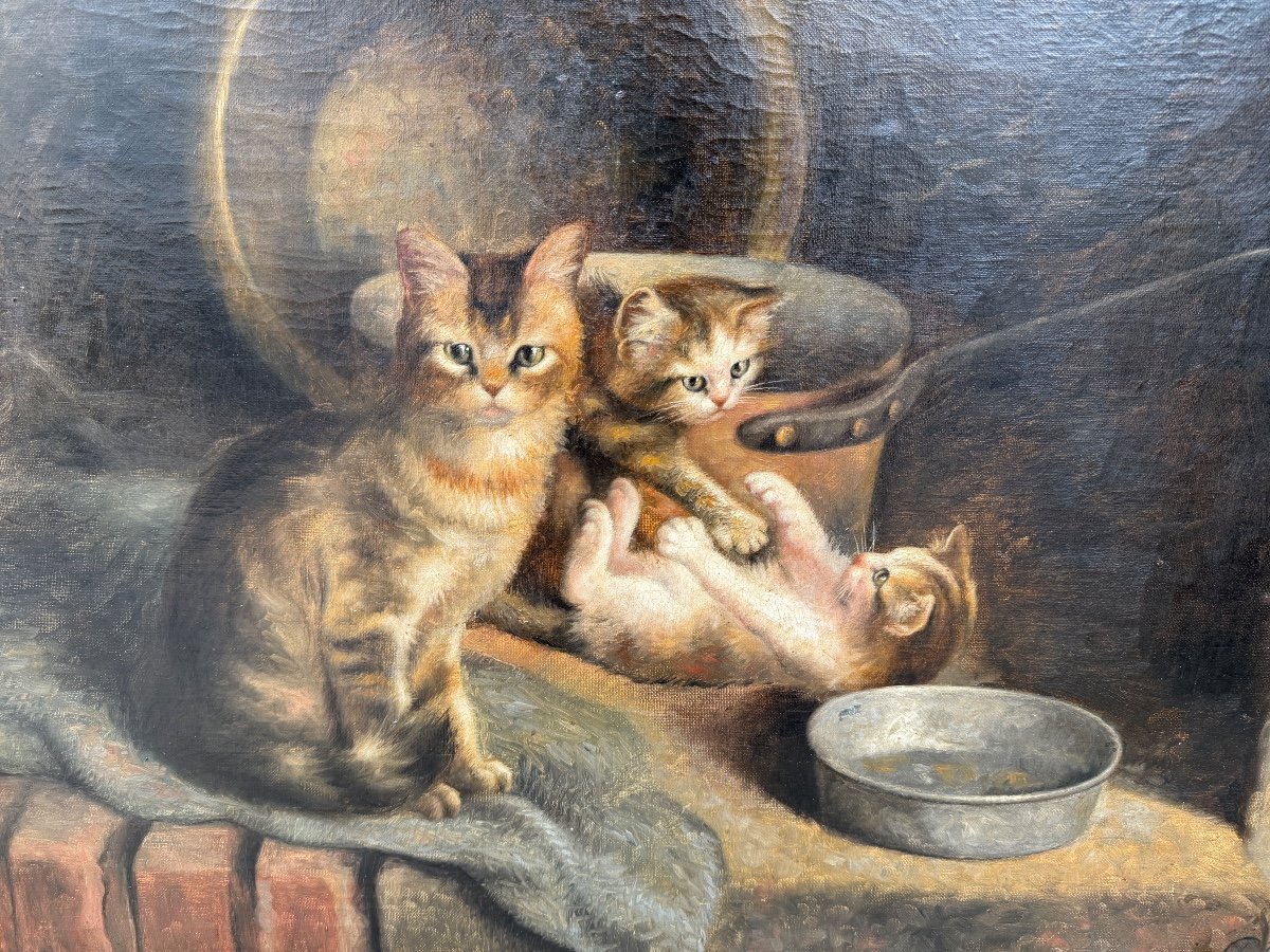Oil On Canvas Depicting A Family Of Cats, Signed And Dated 1920-photo-2