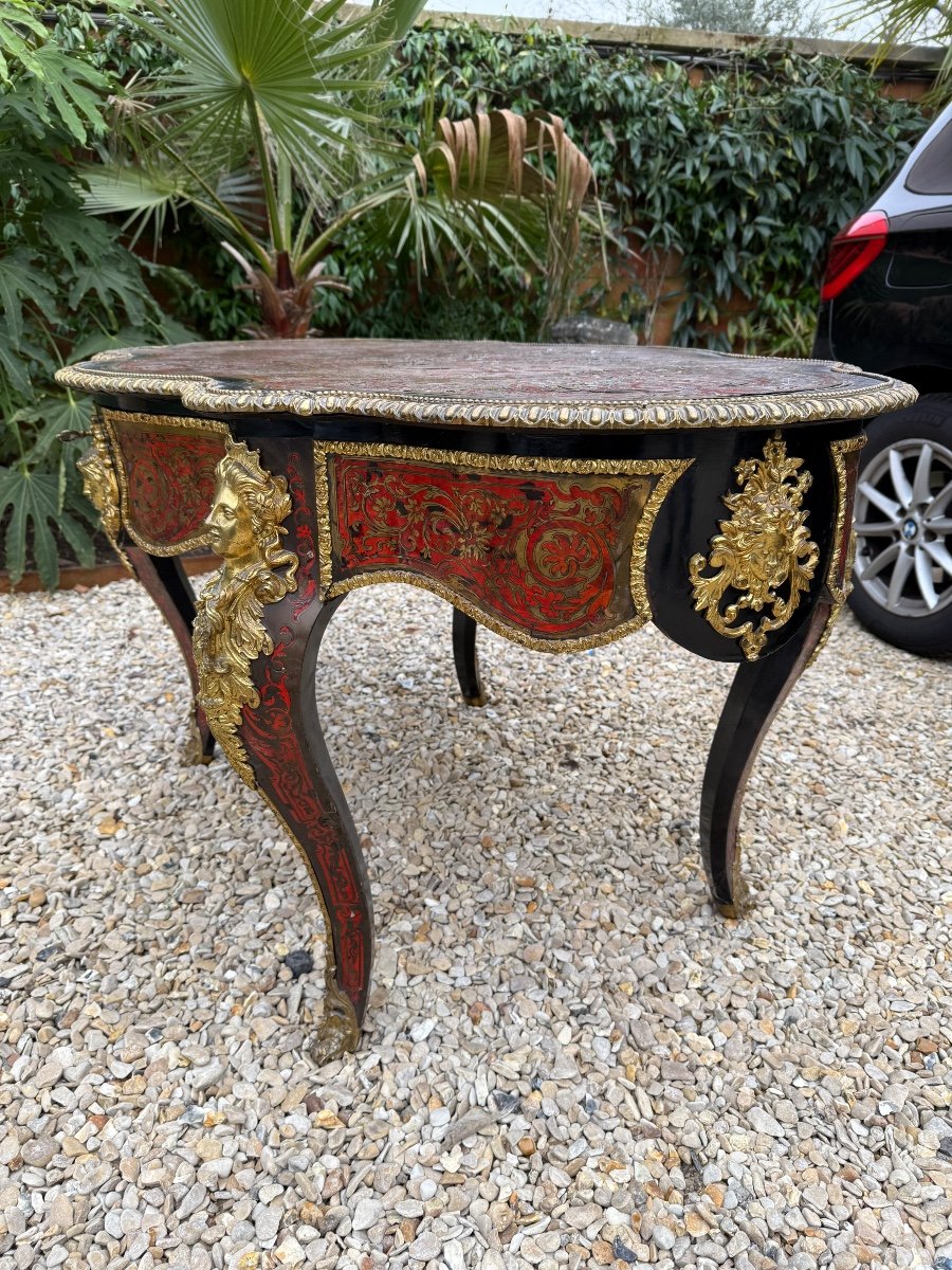 Guéridon / table de milieu, D’époque Napoléon III En écaille Et Filets De Laiton -photo-1