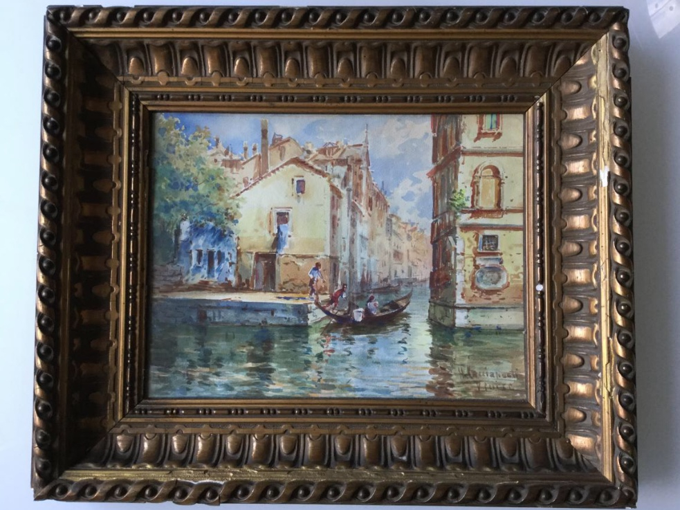 Aquarelle Ancienne Signée, Venise, Italie, Cadre Doré