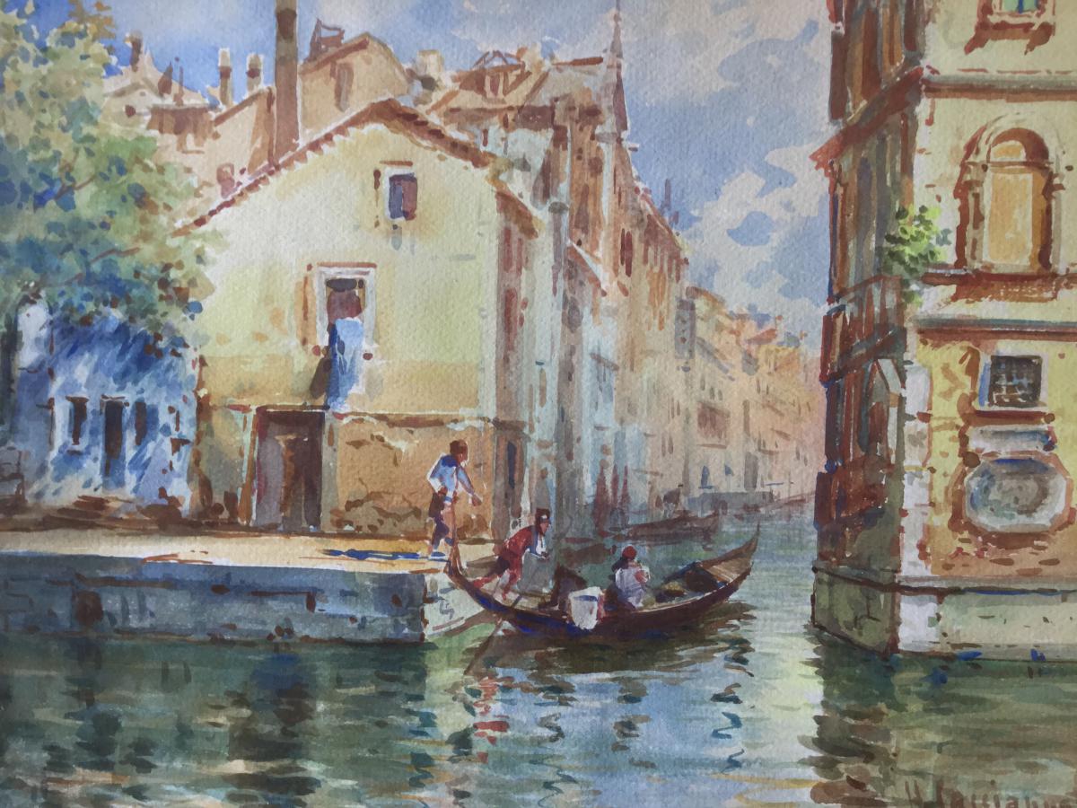 Aquarelle Ancienne Signée, Venise, Italie, Cadre Doré-photo-3
