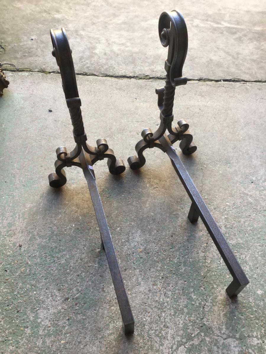 Pair Of Wrought Iron Andirons Old-photo-4