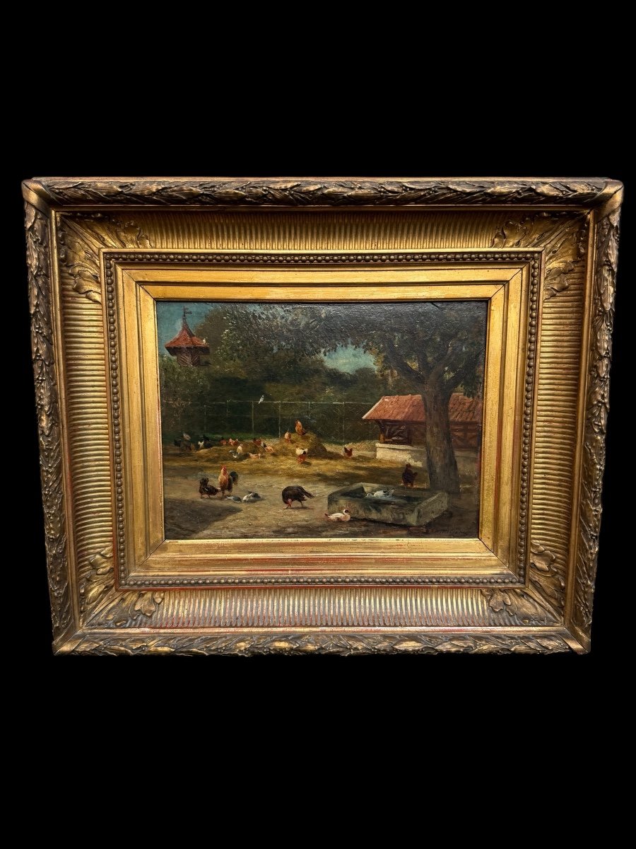 Oil On Panel 19th Century, Signed Farmyard Scene, Chickens, Ducks…-photo-2